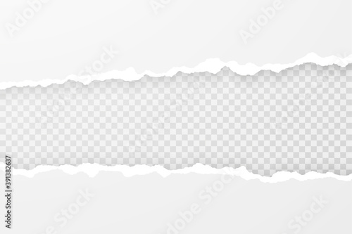 Realistic illustration of torn paper edges. Ripped sheet with soft shadow and place for text or image. Vector template for banner, header, advertisement design.