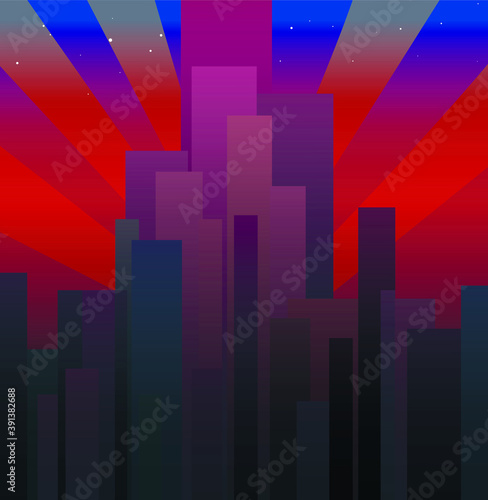 Vector background of the evening city. Tall skyscrapers in the crimson sunset aim for the stars. Abstract texture.