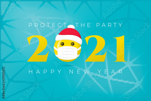 2021 Logo with Halftone Style Smiling Face Wearing Santa Hat and Medical Mask and Protect Party Lettering Happy New Year Greeting Concept - Yellow on Blue Background - Mixed Graphic Design