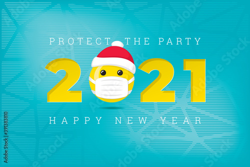 2021 Numerals Logo with Smiling Face in Protection Mask Wearing Santa Hat and Protect Yourself Lettering Happy New Year Greeting Concept - Yellow on Blue Background - Mixed Graphic Design