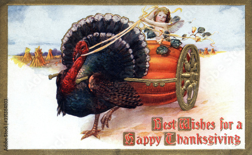 Angel on pumpkin wagon being pulled by a turkey. Vintage Thanksgiving Theme Postcard, restored artwork, colors and details enhanced. Festive Autumn illustrations from the past. 800 dpi