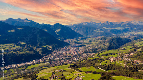 Cathedral of Santa Maria Assunta and San Cassiano in Bressanone. Brixen / Bressanone is a little town in South Tirol in northern Italy. South Tyrol, Bolzano. Italy. Aerial view of the old center city.