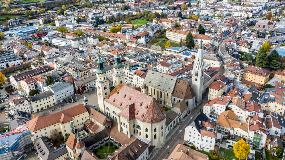 Cathedral of Santa Maria Assunta and San Cassiano in Bressanone. Brixen / Bressanone is a little town in South Tirol in northern Italy. South Tyrol, Bolzano. Italy. Aerial view of the old center city.