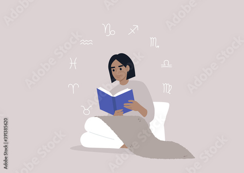 Astrology concept, a young female character reading a book about zodiac signs