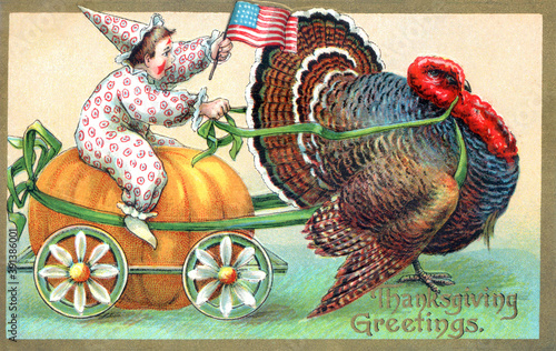 Young boy in target clown outfit, waving an American flag. Pulled by a turkey. Vintage Thanksgiving Theme Postcard, restored artwork, colors and details enhanced. Festive Autumn illustration