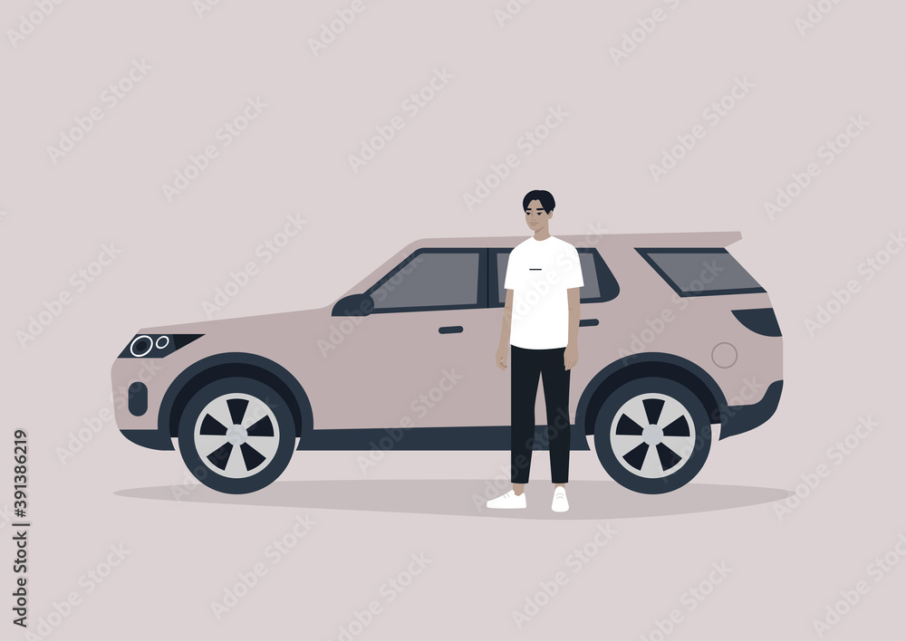 A young male Asian character standing in front of their SUV sports car, urban lifestyle