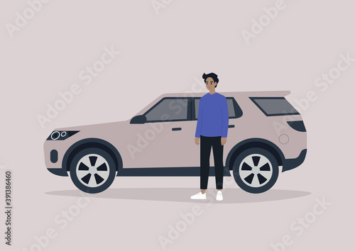 A young male character standing in front of their SUV sport car, urban lifestyle