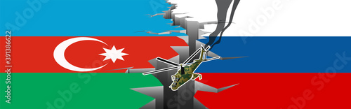 The Azerbaijani army shot down a military helicopter Mi-24 of the Russian Federation on the territory of Armenia from MANPADS. Vector banner with the flag of Russia on a cracked background.