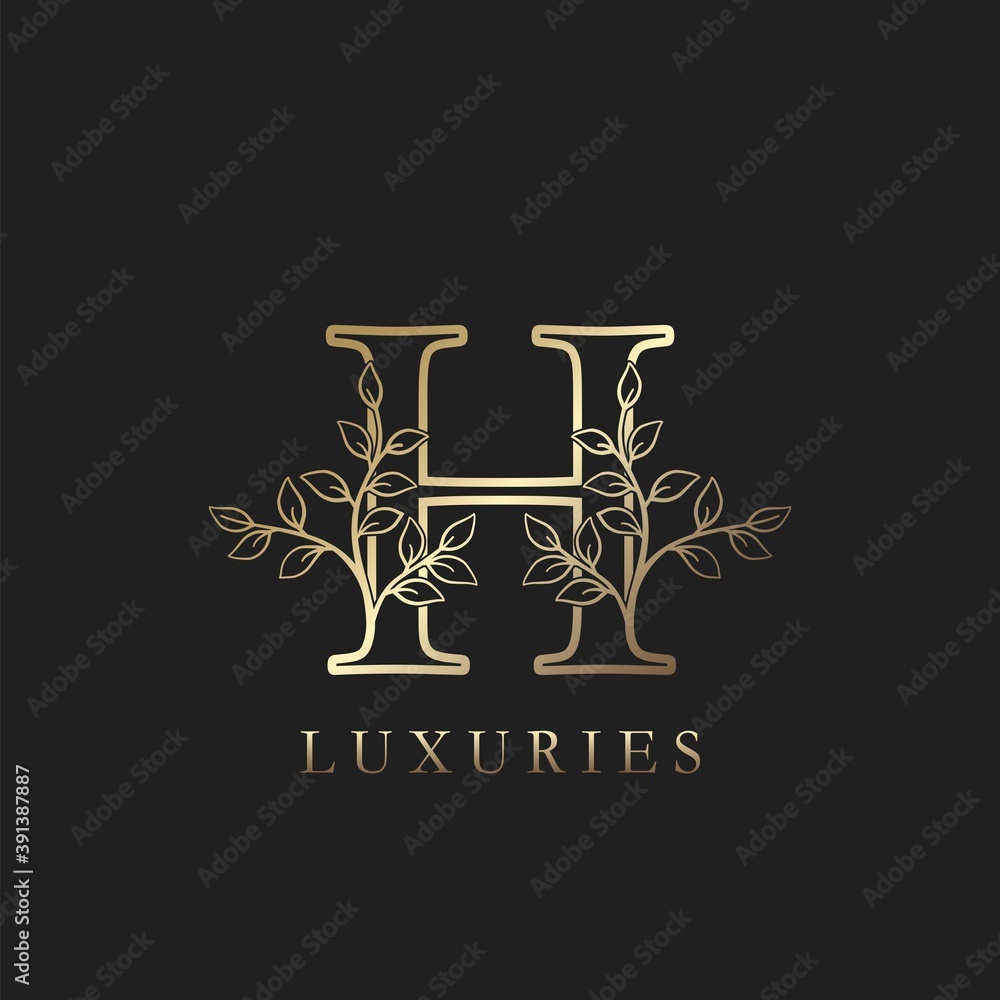 Gold luxury Floral Leaf Initial Letter H Logo Concept Outline Monogram Ornate Leaves Vector Design Gold luxury Floral Leaf Initial Letter H Logo Concept Outline Monogram Ornate Leaves Vector Design