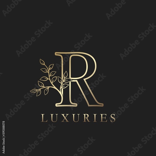 Gold luxury Floral Leaf Initial Letter R Logo Concept Outline Monogram Ornate Leaves Vector Design