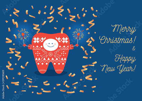 Tooth in sweater with bengal lights and confetti. Merry Christmas and Happy New Year. Dental greeting card.
