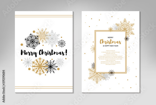 Two side Vertical Merry Christmas and New Year greeting card with beautiful golden snowflakes on white background. Frame with space for text
