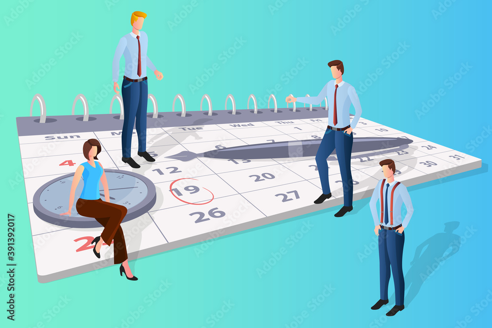 People calendar and clock.Deadline and task scheduling.Calculation of the remaining days.Flat vector illustration. People calendar and clock.Deadline and task scheduling.Calculation of the remaining days.Flat vector illustration.