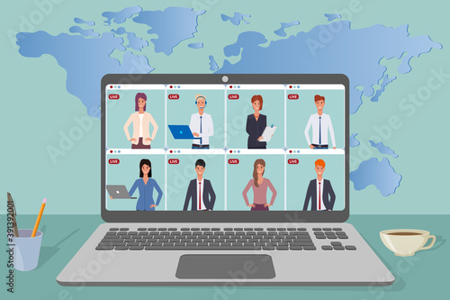 Online video conference.People communicate with each other,remote work,freelancing, online education using a laptop.Concept of development of modern technologies.Flat vector illustration.