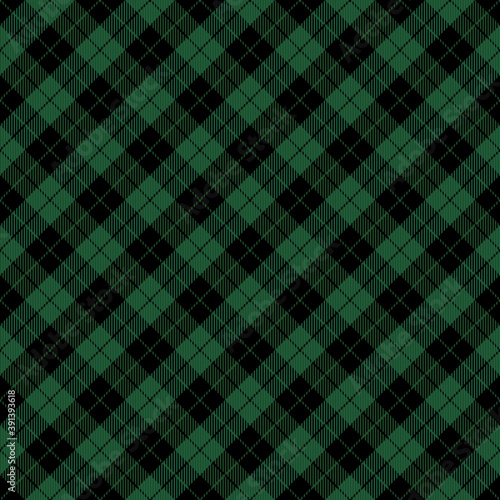 Diagonal tartan Christmas and new year plaid. Scottish pattern in green and black cage. Scottish cage. Traditional Scottish checkered background. Seamless fabric texture. Vector illustration
