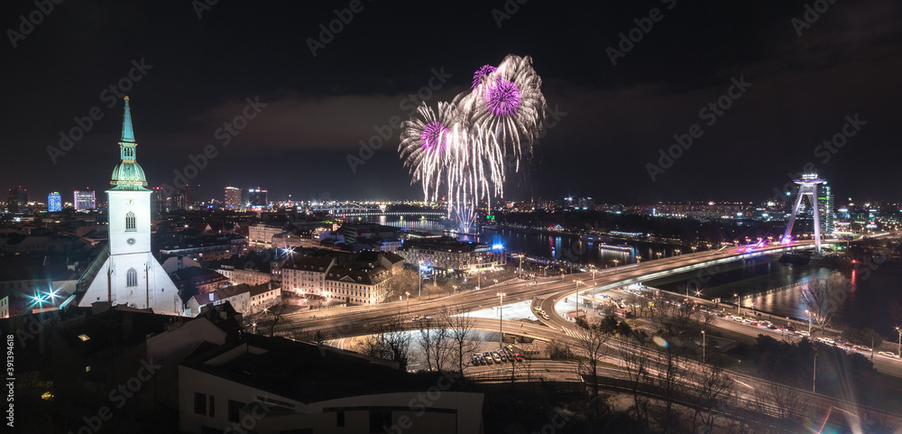 New Year Celebration. Fireworks on Danube River in Bratislava, Slovakia.