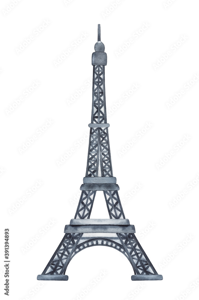 Watercolor of beautiful Eiffel Tower, symbol of Paris. One single object. Hand painted watercolour sketchy drawing, cutout clipart element for design decoration, greeting card, print, sticker, poster.