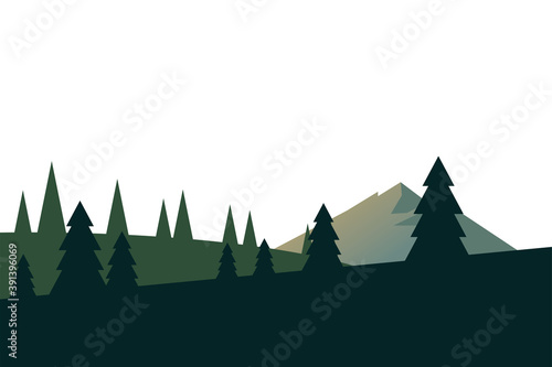 winter season landscape scene with pines forest and mountains