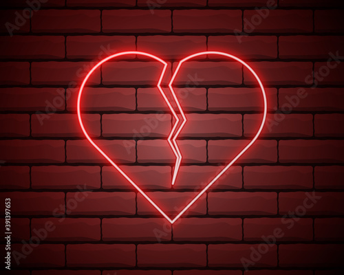 Broken heart neon light icon. Heartbreak glowing sign. Beak up. Vector isolated illustration.