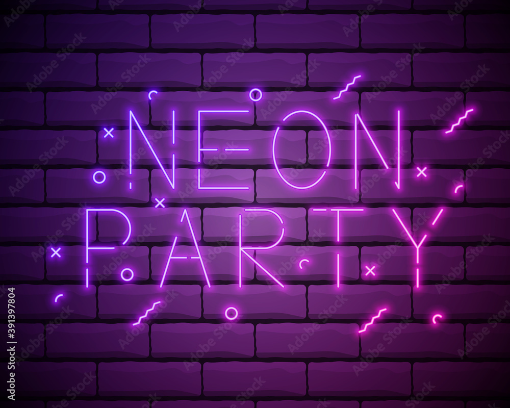 Night Party neon poster. Shiny banner club disco. Dj fun dance summer music invitation flyer isolated on brick wall