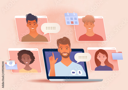 Virtual online group meeting via video conference using laptop computer chatting with colleagues. Vector illustration