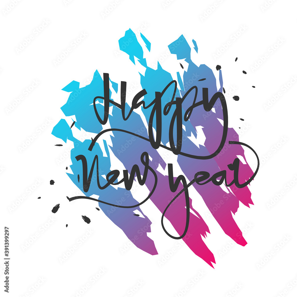 Obraz premium Vector illustration. Handwritten calligraphic brush lettering composition of Happy New Year 2021 on gradient background.