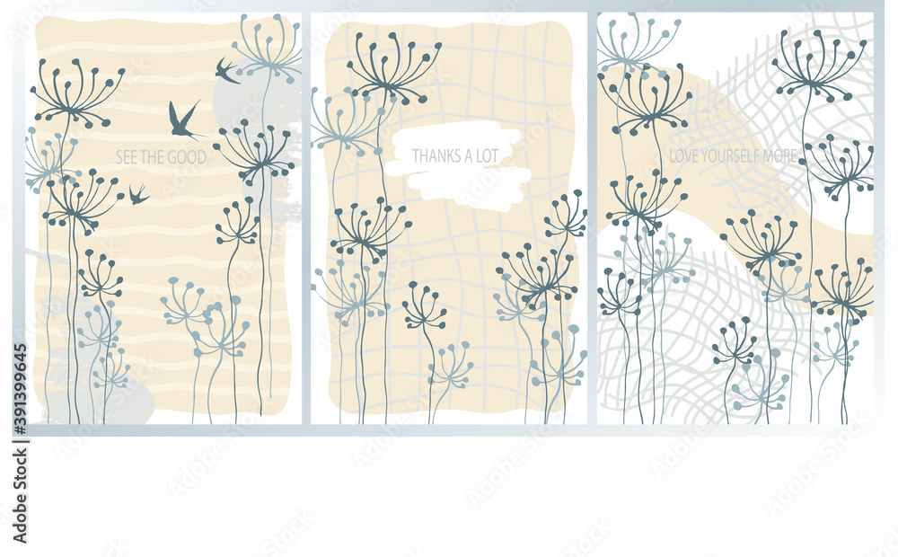 Obraz premium Vector set of 3 abstract backgrounds, patterns with leaves, herbs and motivational inscription. Design for poster, scrapbooking pages, postcards, stories. 