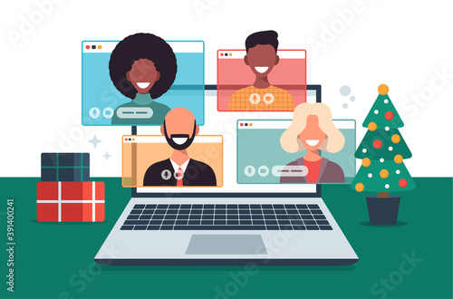 Christmas online greeting. people meeting online together with family or friends video calling on laptop virtual discussion. Merry and Safe Christmas office desk workplace, flat vector illustration
