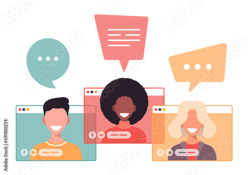 Man and woman communicating online via internet using video call application. Friends talking and laughing, business partners on conference. Working remotely, chatting people on teleconference vector
