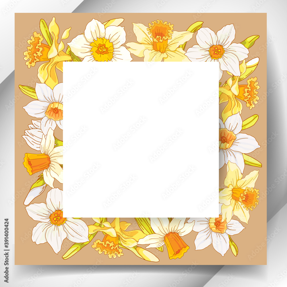 White rectangular frame on a background of pale yellow and white flowers of a daffodil. Design element for banners, cards, flyers.
White rectangular frame on a background of pale yellow and white flowers of a daffodil. Design element for banners, cards, flyers.