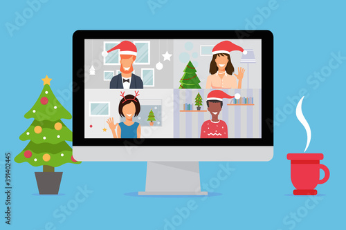 Peoples celebrating New Year on video conferencing call on computer. New normal and covid 19 concept. Flat design vector illustration