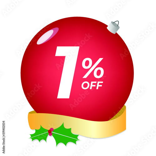 1% off. One percent discount. Christmas sale banner. Red bubble with ornaments on a white background vector.