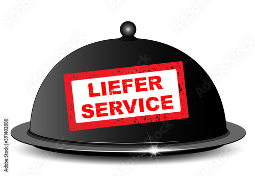Glosche, Servierglocke mit Schild  „Liefer-Service“
Gastronomie Dienstleistung,
Vektor Illustration isoliert auf weißem Hintergrund
