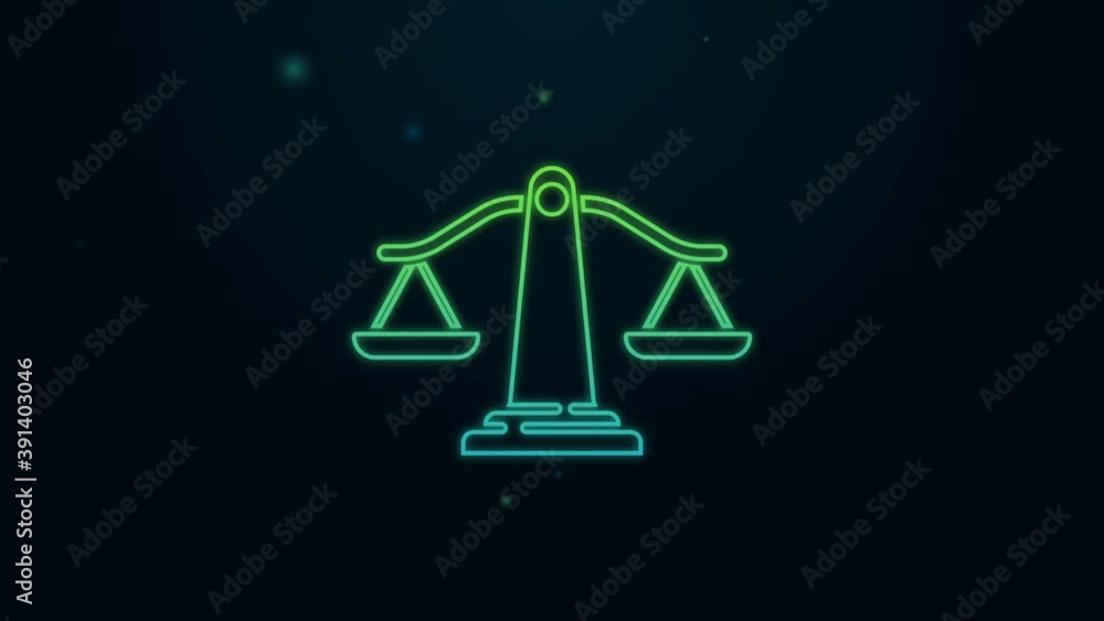 Glowing neon line Scales of justice icon isolated on black background. Court of law symbol. Balance scale sign. 4K Video motion graphic animation