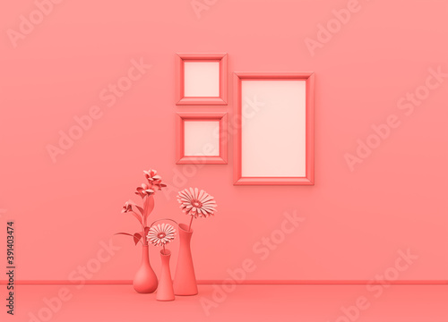 Interior room in plain monochrome pink color with square and vertical picture frames, decorative vases and house plants. Light background with copy space. 3D rendering