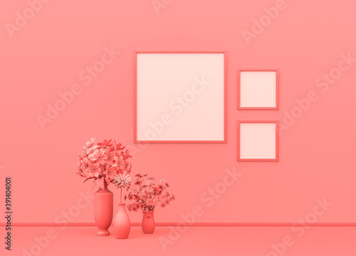 Picture frame mock-up room in flat single pink color with decorative plants and square picture frames. pink background with copy space. 3D rendering
