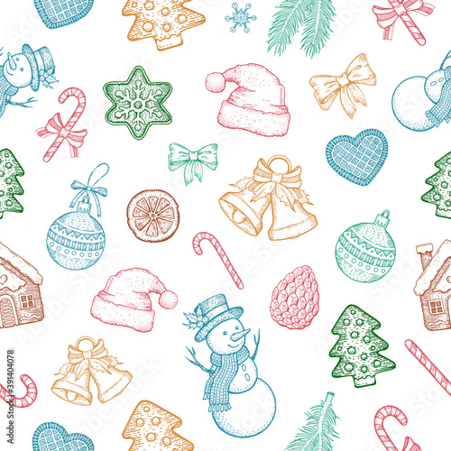 Christmas doodle pattern. Vector sketch, hand drawn background. Winter xmas seamless decoration with snow, Christmas tree, gingerbread, snowflake,holly. Holiday vintage art set. Cartoon wallpaper