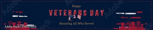 Happy Veterans Day. Greeting card with USA flag, gold star and soldiers on background. National American holiday event. Flat vector illustration EPS10.