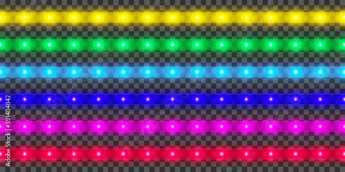 LED strip collection. Colorful glowing illuminated tape decoration. Realistic neon lights
