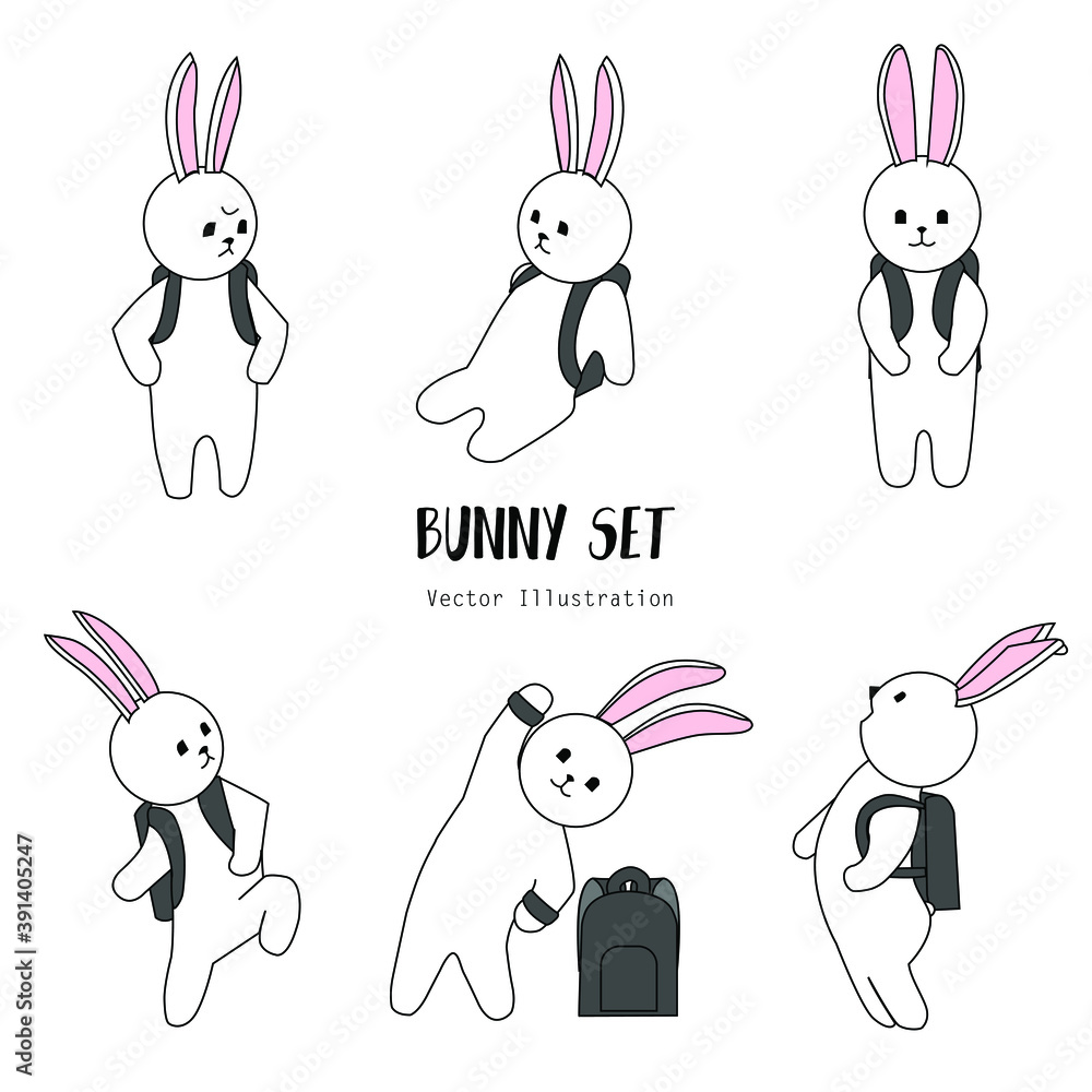Set of  vector bunnies. Hand drawn cartoon bunny with backpack in school. Cute character design. Rabbit schoolboy . Doodle funny icon Simple line sticker