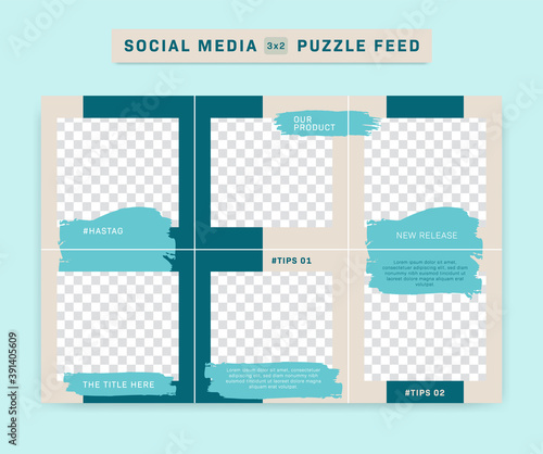 Social media IG Instagram puzzle post feed vector template with blue brush paint stroke and cream simple background frame