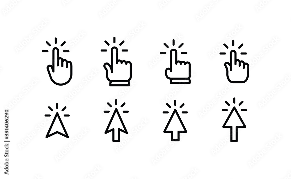 Clicking icons collections. Hand and arrow click icon. Cursor set.