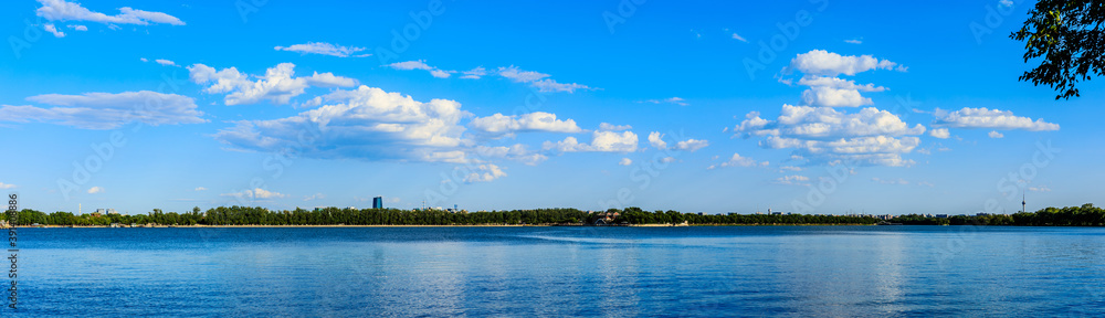 Beautiful lake and blue sky with white clouds natural scenery in Beijing.