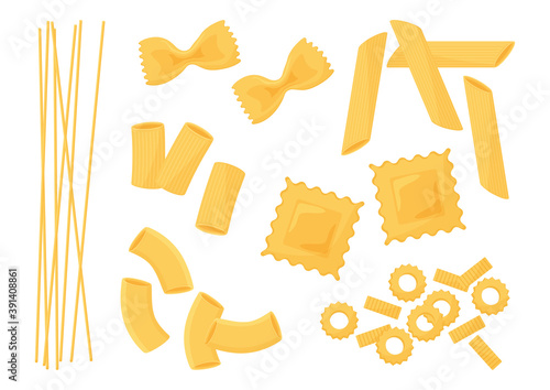 Pasta vector icon set. Different types italian paste. Spaghetti, ravioli, penne, farfalle, noodles, macaroni. Food illustration