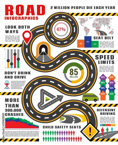 Transport infographics vector template. Road and traffic safety infographic, highway with signs and map pointers, graph and chart of crash, accident statistics with icons of cars, freeway and roadway