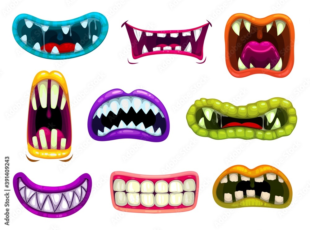 Monster mouths with sharp teeth and tongues. Cartoon vector funny os of aliens smiling, laughing roar and demonstrate fangs. Saliva jaws of monsters, beast gobs isolated on white background icons set Monster mouths with sharp teeth and tongues. Cartoon vector funny os of aliens smiling, laughing roar and demonstrate fangs. Saliva jaws of monsters, beast gobs isolated on white background icons set
