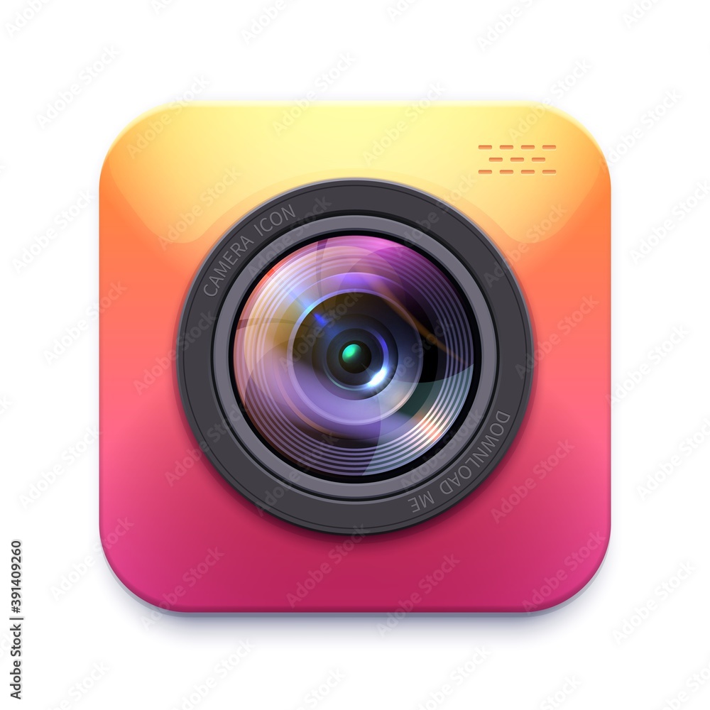 Photo or video camera icon, isolated vector photographer equipment design element, graphic digital sign or button with 3d lens flare for web content. Zoom. snapshot, photocamera symbol label or emblem Photo or video camera icon, isolated vector photographer equipment design element, graphic digital sign or button with 3d lens flare for web content. Zoom. snapshot, photocamera symbol label or emblem