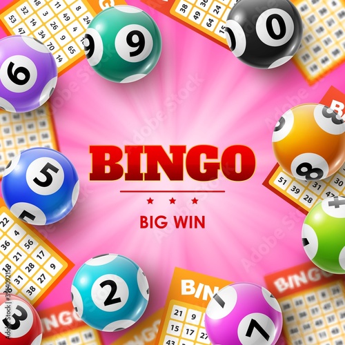 Lottery balls and tickets, 3d vector bingo poster for lotto, bingo or keno gambling games. Colourful realistic balls and betting slips with numbers, gaming industry and casino advertising design