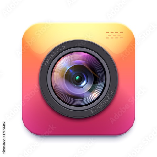 Photo or video camera icon, isolated vector photographer equipment design element, graphic digital sign or button with 3d lens flare for web content. Zoom. snapshot, photocamera symbol label or emblem