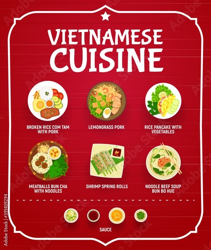 Vietnamese restaurant menu vector cover. Broken rice Com Tam with pork, lemongrass pork, rice pancake with vegetable, meatballs Bun Cha with noodles, shrimp spring rolls, noodle beef soup Bun bo Hue,